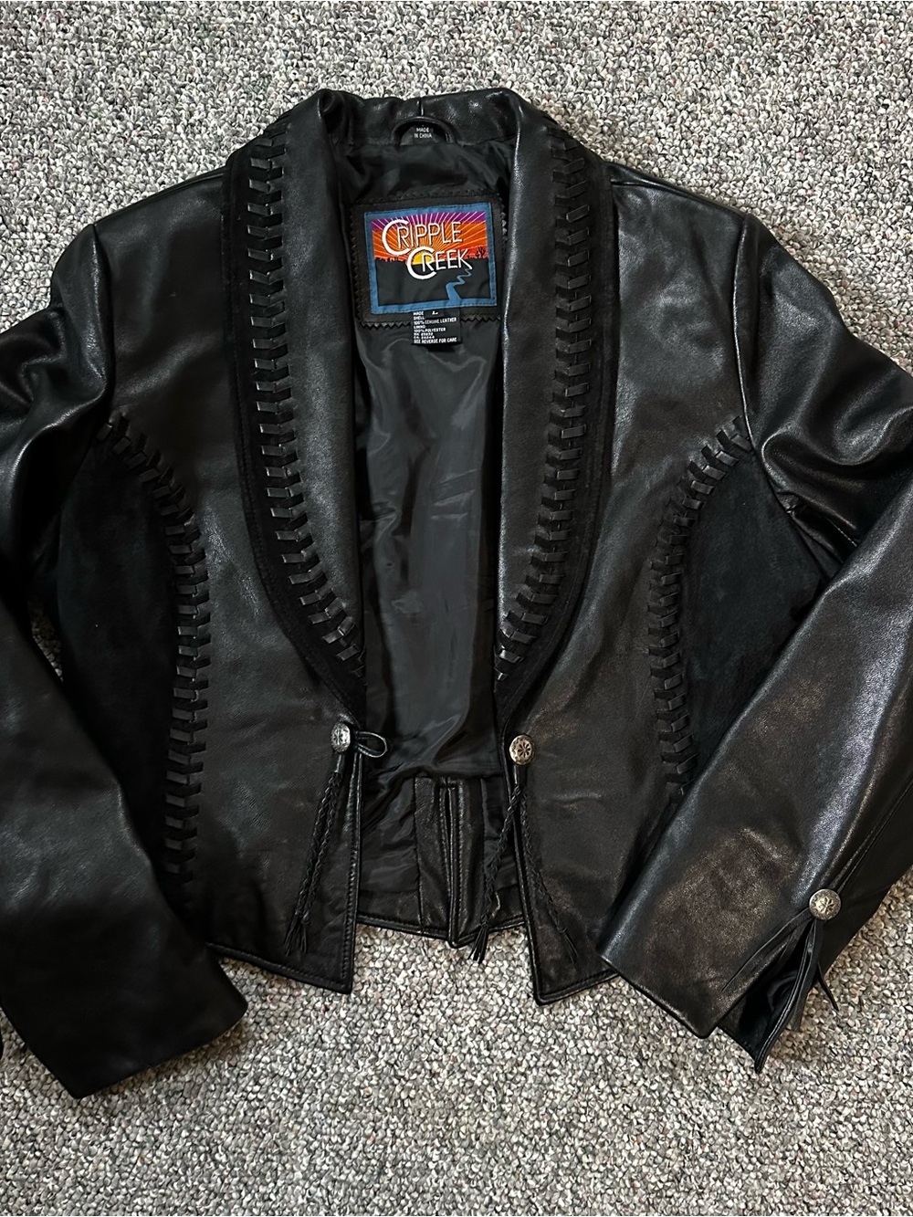 Cripple Creek Women's Black Leather Open-Front Jacket with Whipstitch Detail